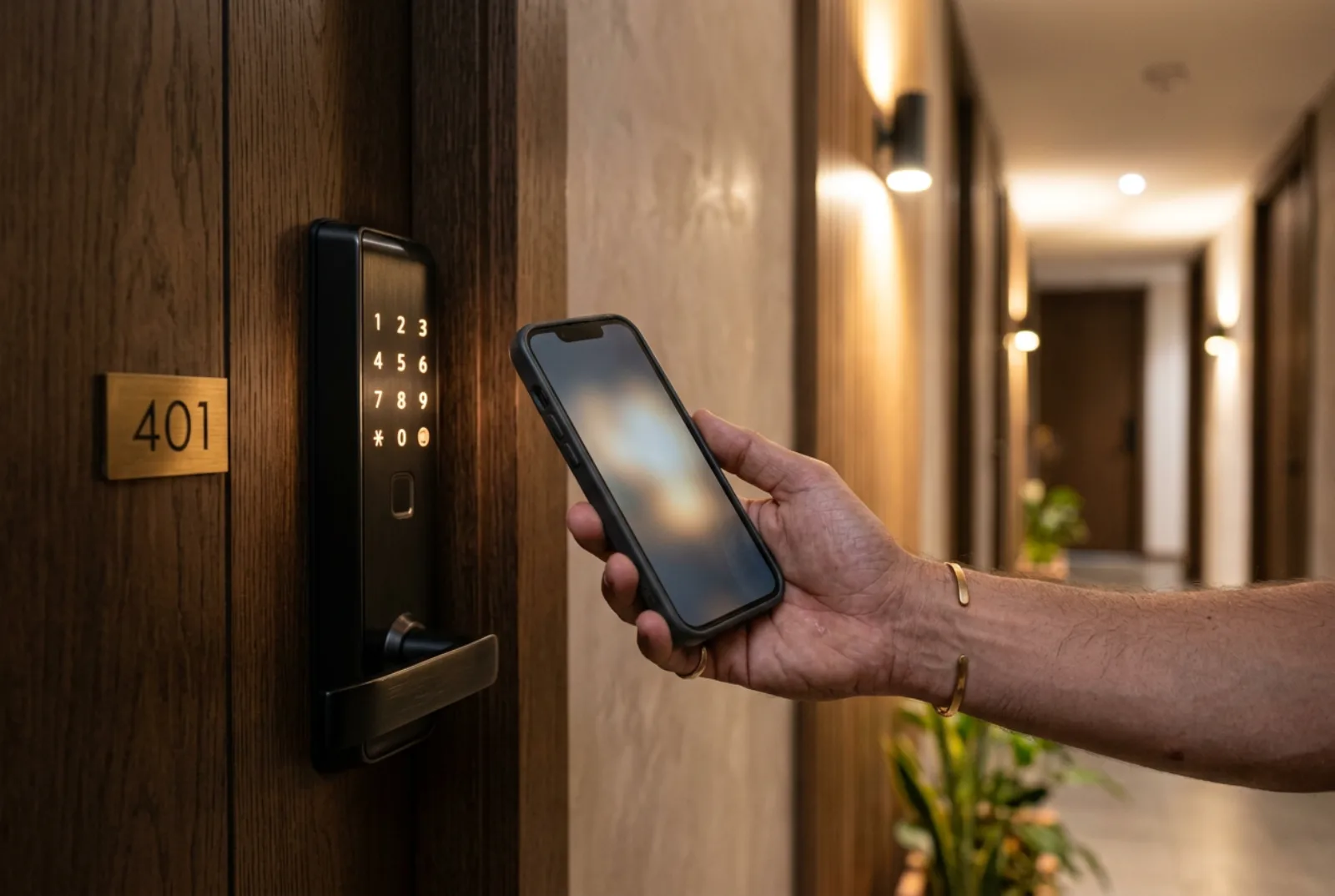 Huésped haciendo check-in digital desde su teléfono en la entrada de un edificio operado.