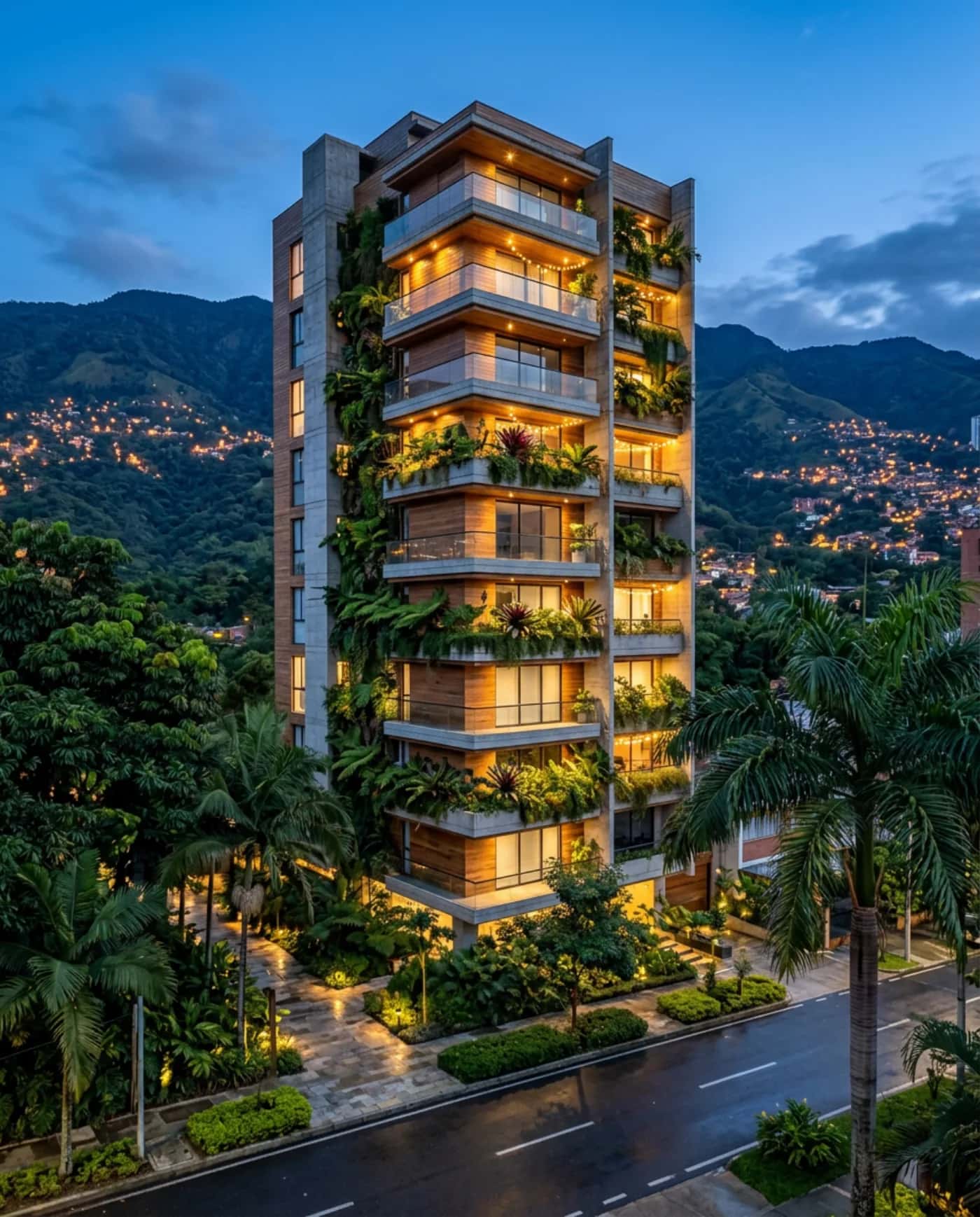 Fachada de referencia de un edificio de apartamentos al anochecer.