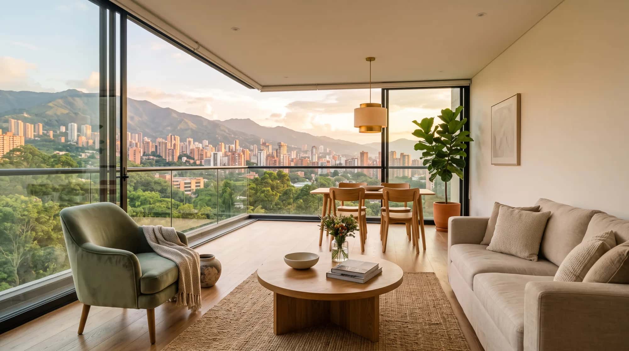 Apartamento de 33 m² amoblado dentro de un edificio operado por C Rentals, con cocina integrada, sala y ventanal.