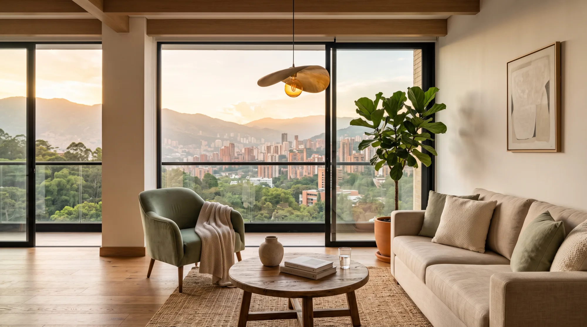 Sala de una unidad amoblada y dotada con sofá en tono arena, butaca verde salvia, mesa de madera y ventanal hacia la ciudad al atardecer.