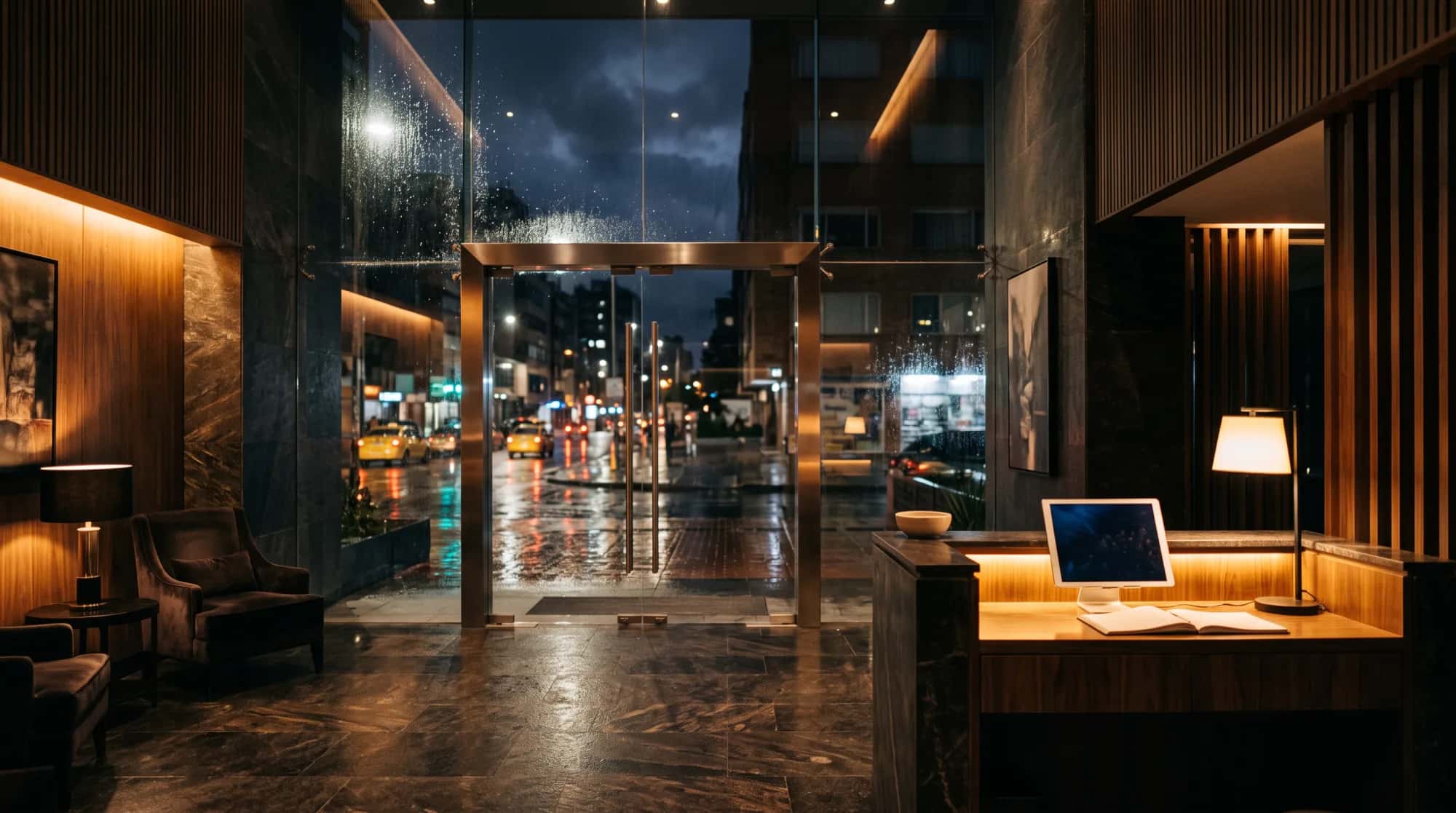 Edificio de vivienda turística al anochecer, con lobby iluminado y ventanas encendidas.