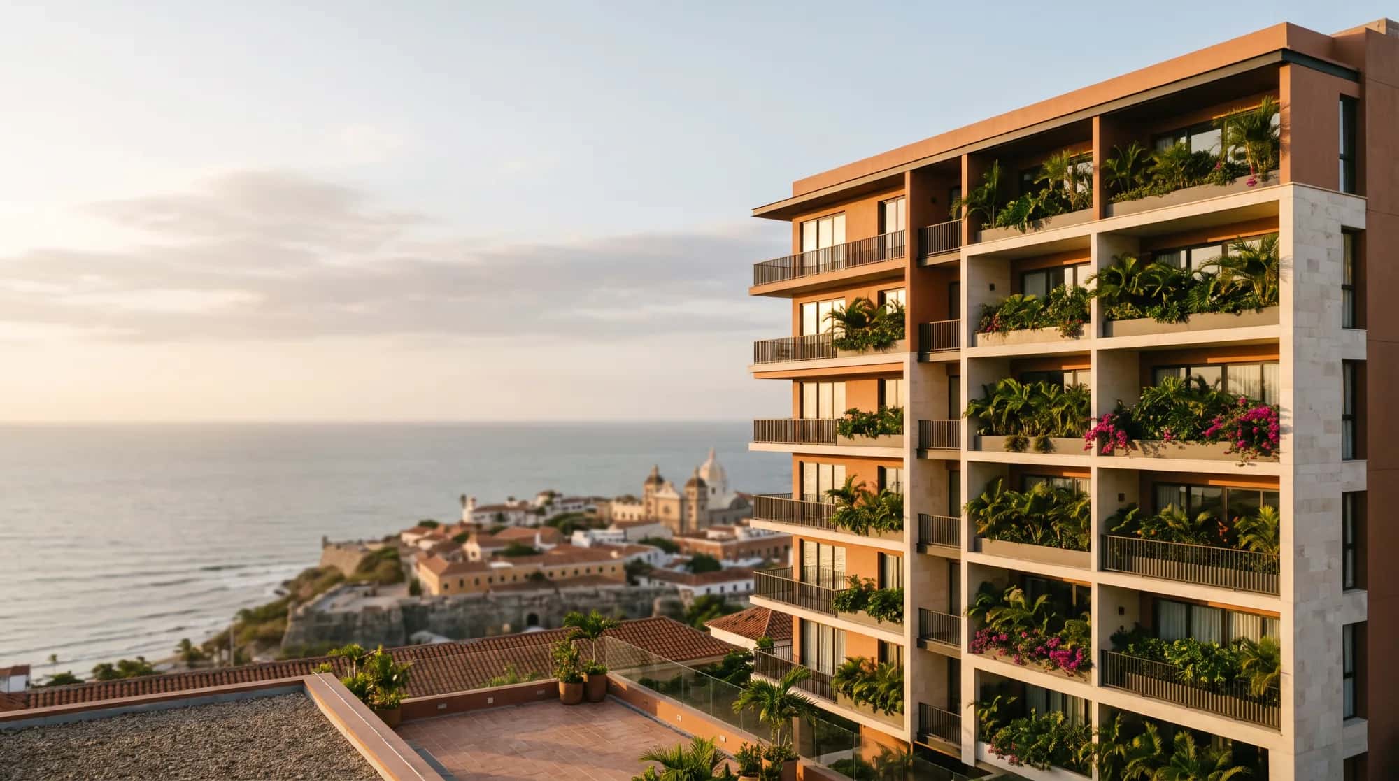 Edificio contemporáneo de balcones sembrados a la hora dorada, con una ciudad amurallada del Caribe colombiano y el mar al fondo. Imagen generada, no corresponde a una propiedad concreta.