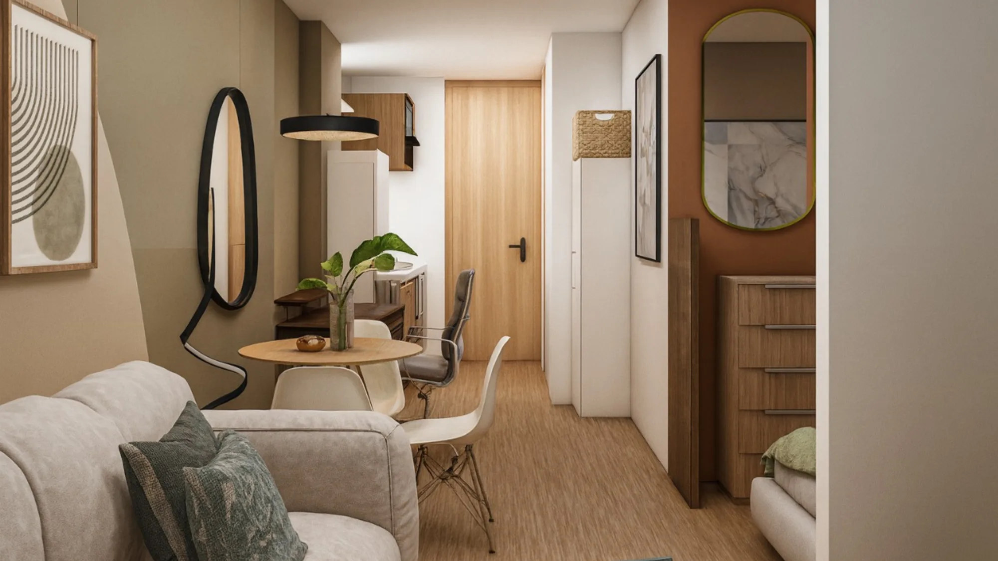 Render de sala y cocina de un apartamento de 33 m² de la operación C60 con amoblamiento en tonos arena, madera y verde salvia.