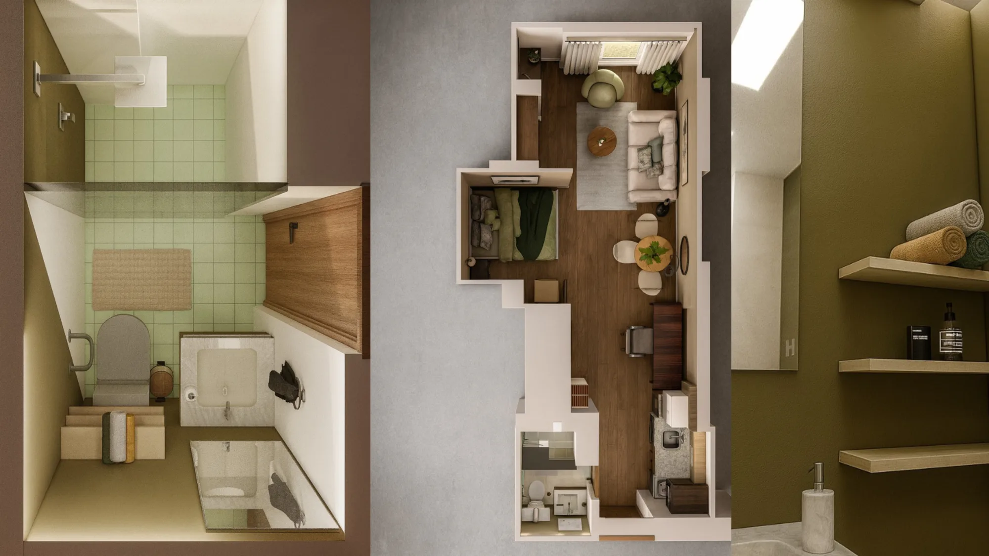 Planta tipo en 3D de un apartamento de 33 m² con distribución de sala, cocina, dormitorio y baño.