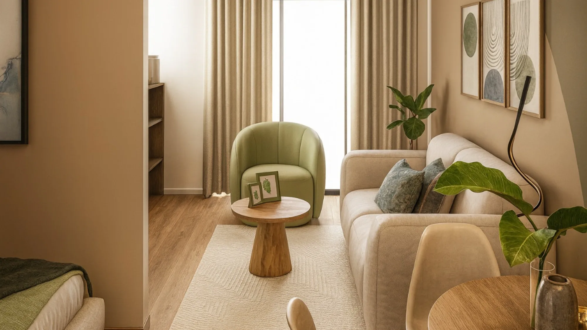 Render del amoblamiento de un apartamento de 33 m² de la operación C60: tonos arena, madera y verde salvia, iluminación cálida.