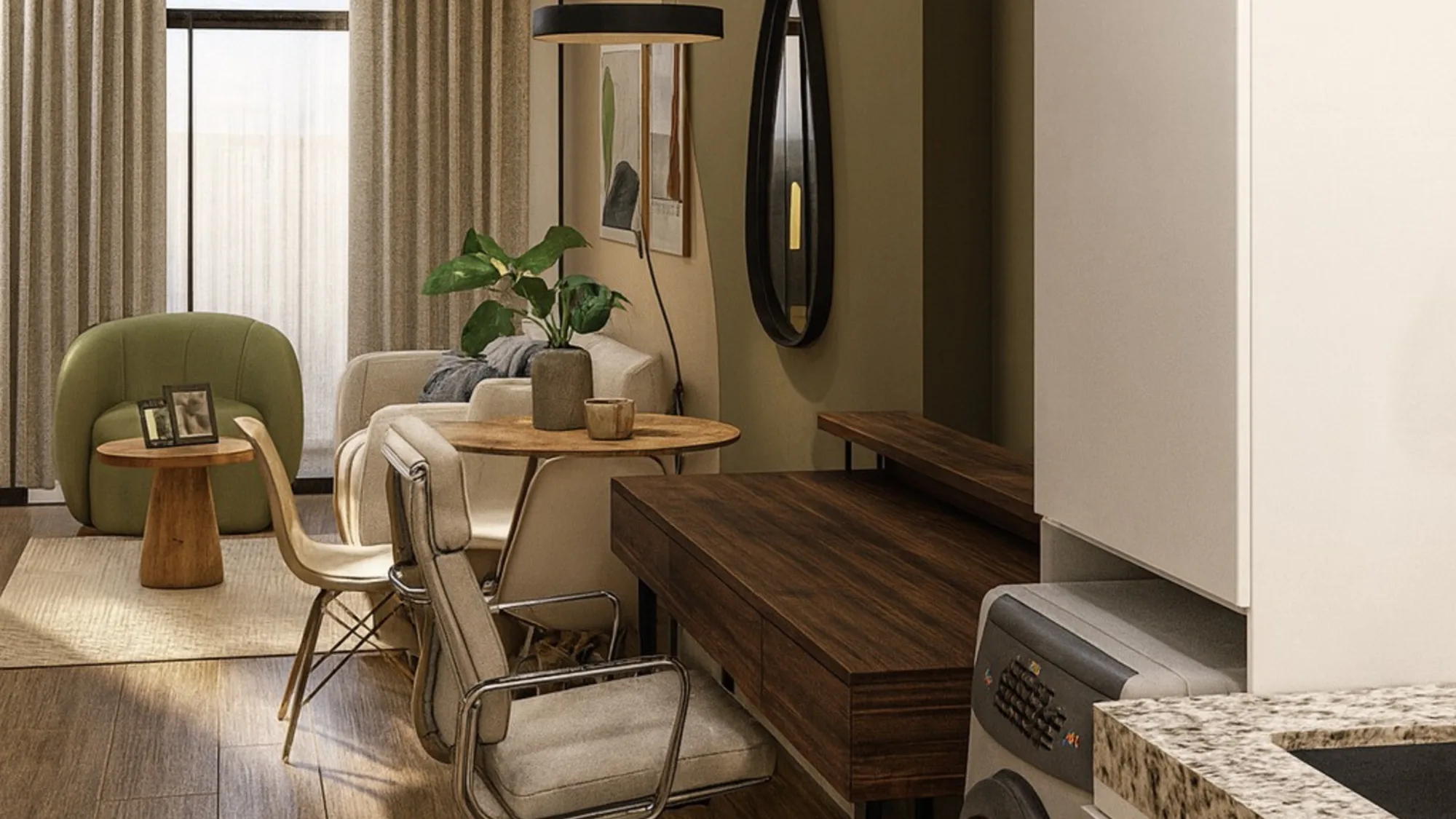Render de sala y cocina de un apartamento de 33 m² de la operación C60 con amoblamiento en tonos arena, madera y verde salvia.