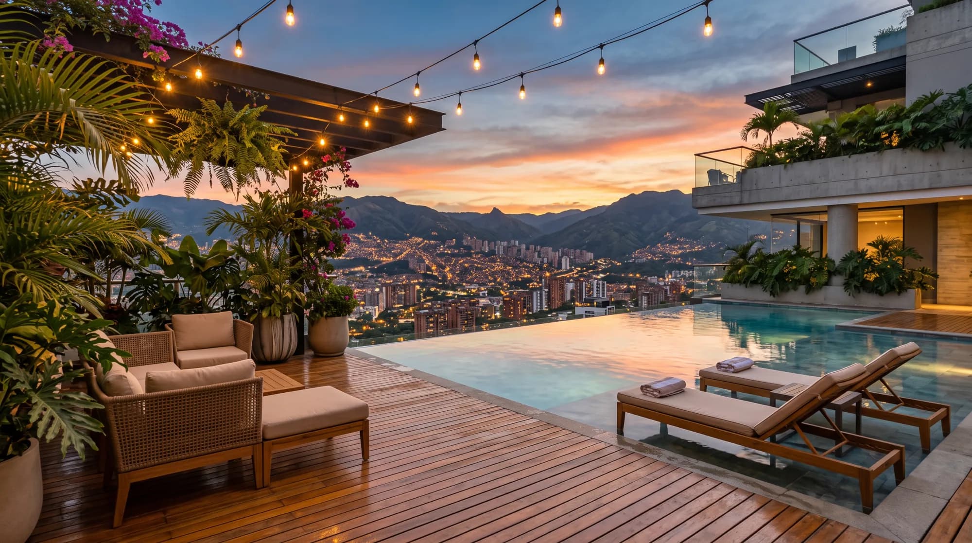 Terraza común de un edificio de vivienda turística al atardecer, con piscina, tumbonas de madera y la ciudad al fondo.